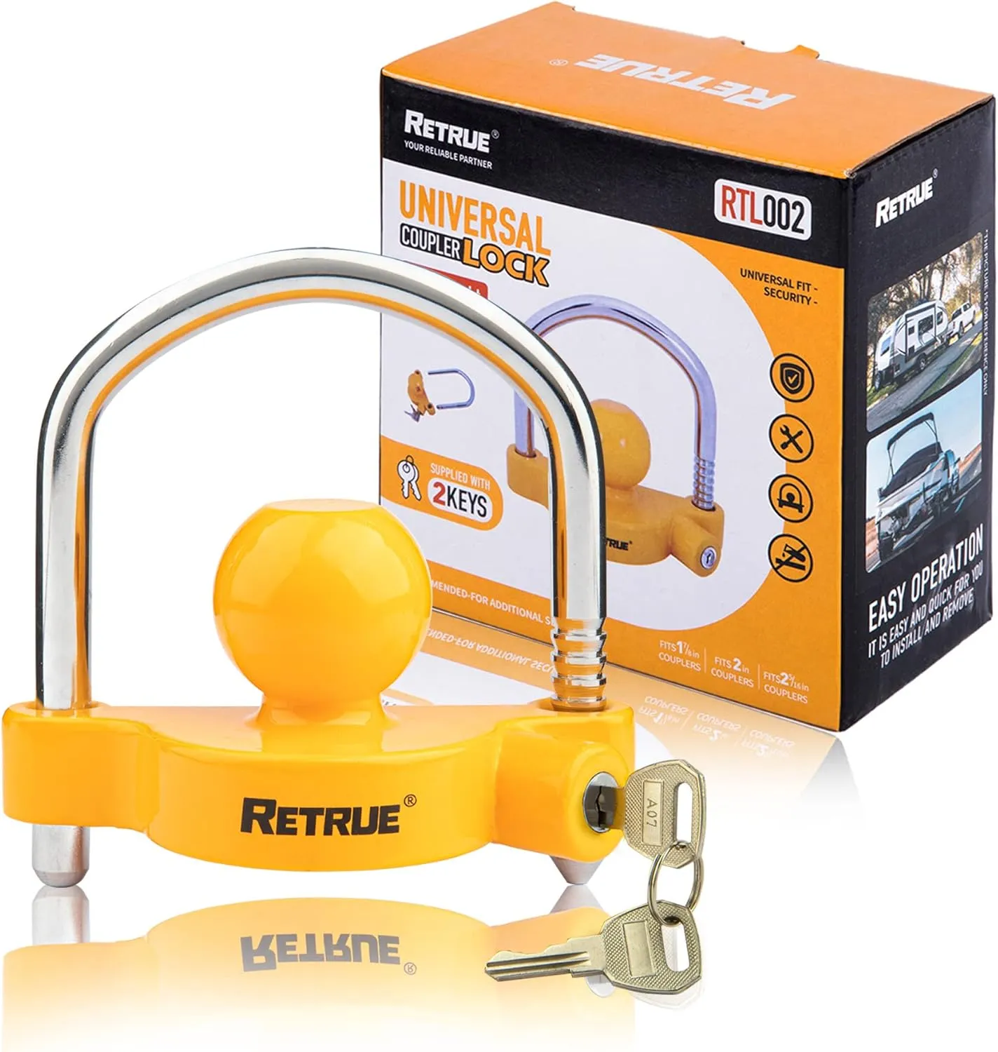 RETRUE Universal Coupler Lock Trailer Locks Ball Hitch Trailer Hitch Lock Adjustable Security Heavy-Duty Steel Fits 1-7/8 Inch, 2 Inch, 2-5/16 Inch Couplers (Pack of 2)