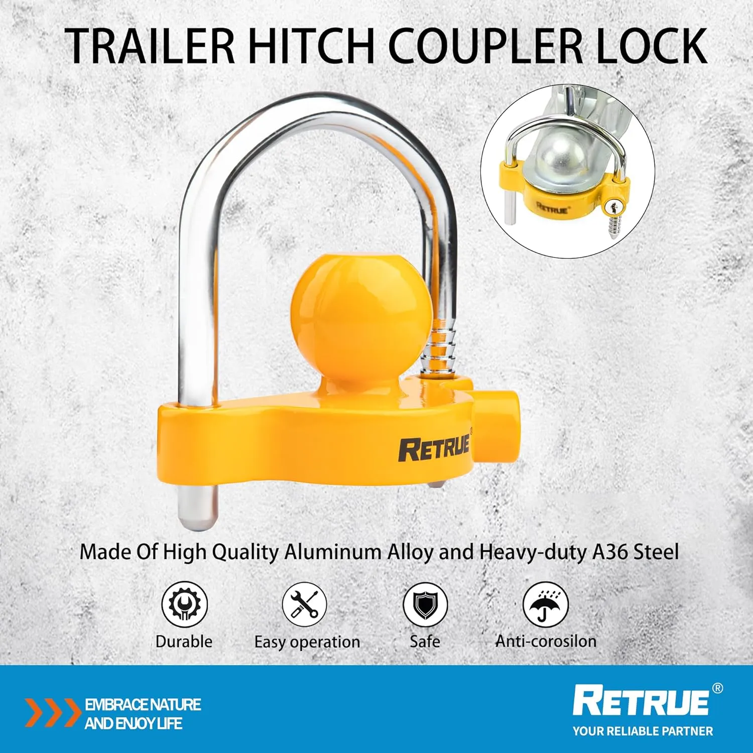 RETRUE Universal Coupler Lock Trailer Locks Ball Hitch Trailer Hitch Lock Adjustable Security Heavy-Duty Steel Fits 1-7/8 Inch, 2 Inch, 2-5/16 Inch Couplers (Pack of 2)