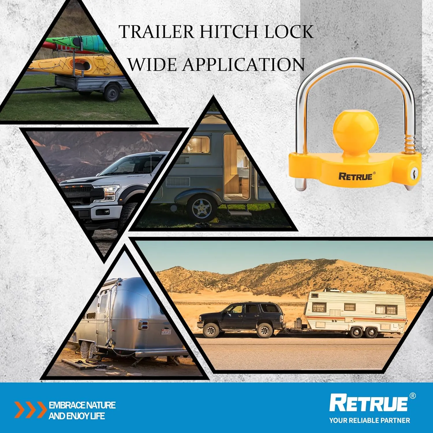 RETRUE Universal Coupler Lock Trailer Locks Ball Hitch Trailer Hitch Lock Adjustable Security Heavy-Duty Steel Fits 1-7/8 Inch, 2 Inch, 2-5/16 Inch Couplers (Pack of 2)