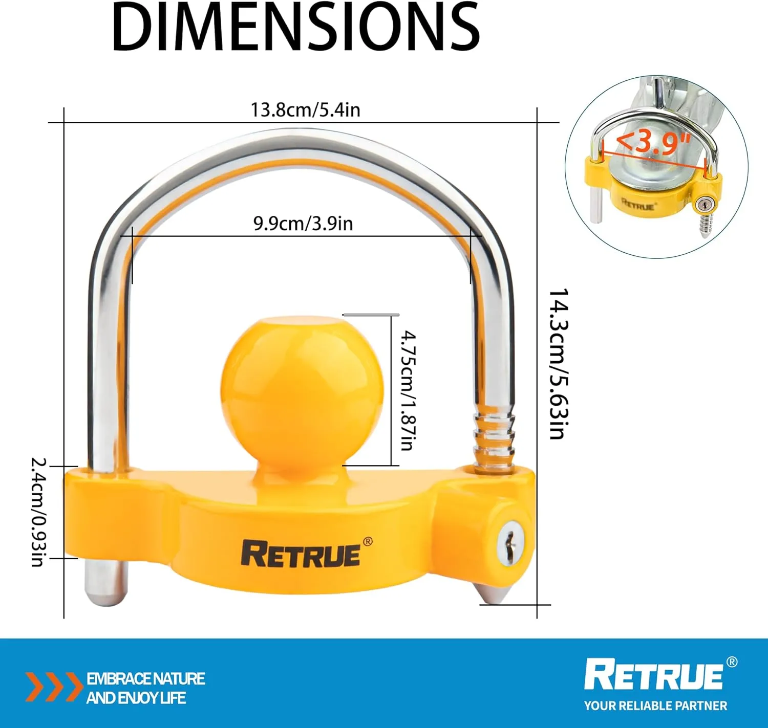 RETRUE Universal Coupler Lock Trailer Locks Ball Hitch Trailer Hitch Lock Adjustable Security Heavy-Duty Steel Fits 1-7/8 Inch, 2 Inch, 2-5/16 Inch Couplers (Pack of 2)