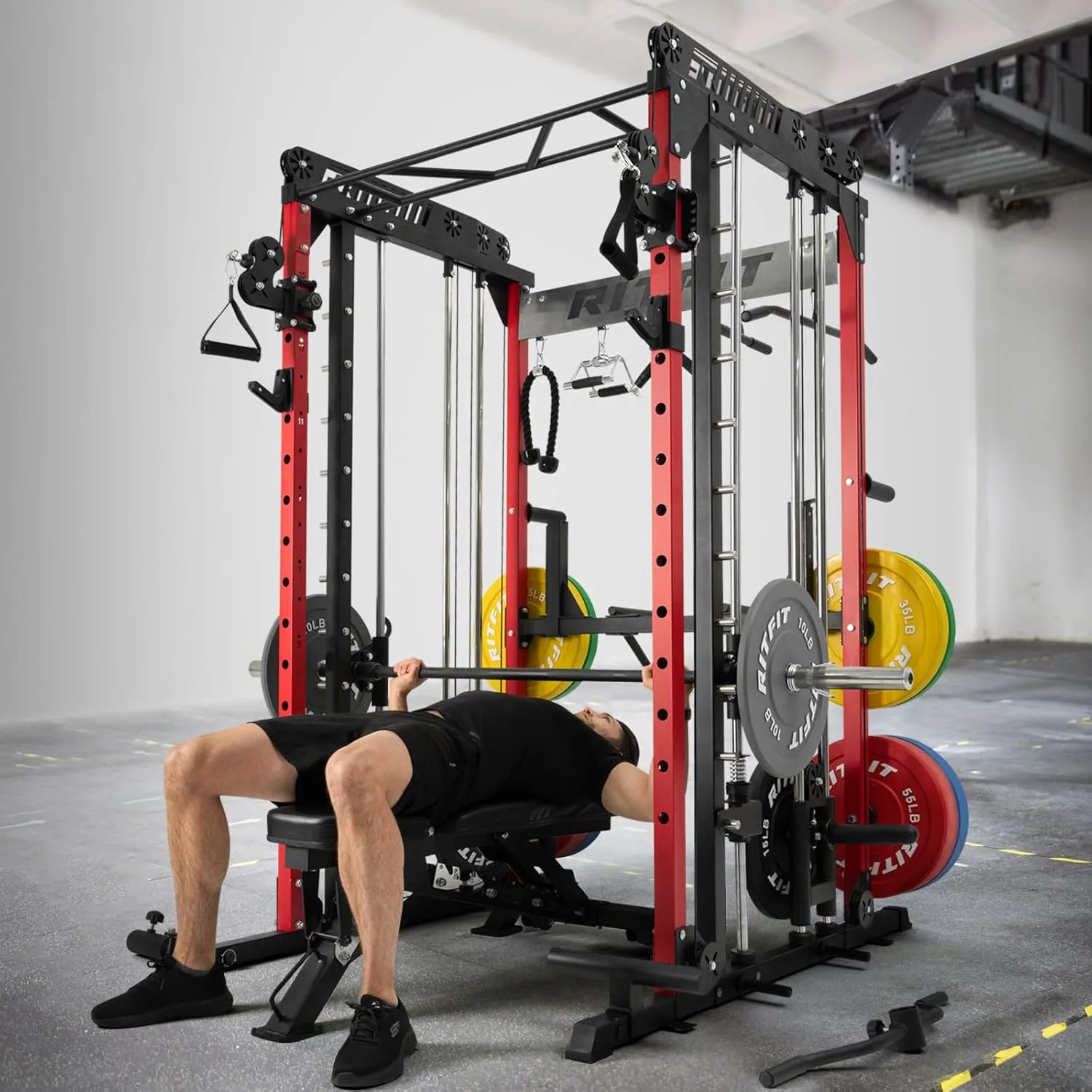 RitFit M1 & M1 Pro Smith Machine Weight Stack Set with Cable Crossover System, Multi-Function Squat Rack Power Cage for Home Gym, Power Rack and Packages