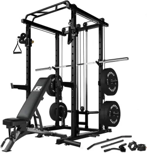 RitFit Multi-Function Squat Rack Power Cage PPC03 with Cable Crossover System, 1000LBS Capacity Power Rack and Packages with Optional Weight Bench, Barbell Weight Set, for Garage Workout & Home Gym