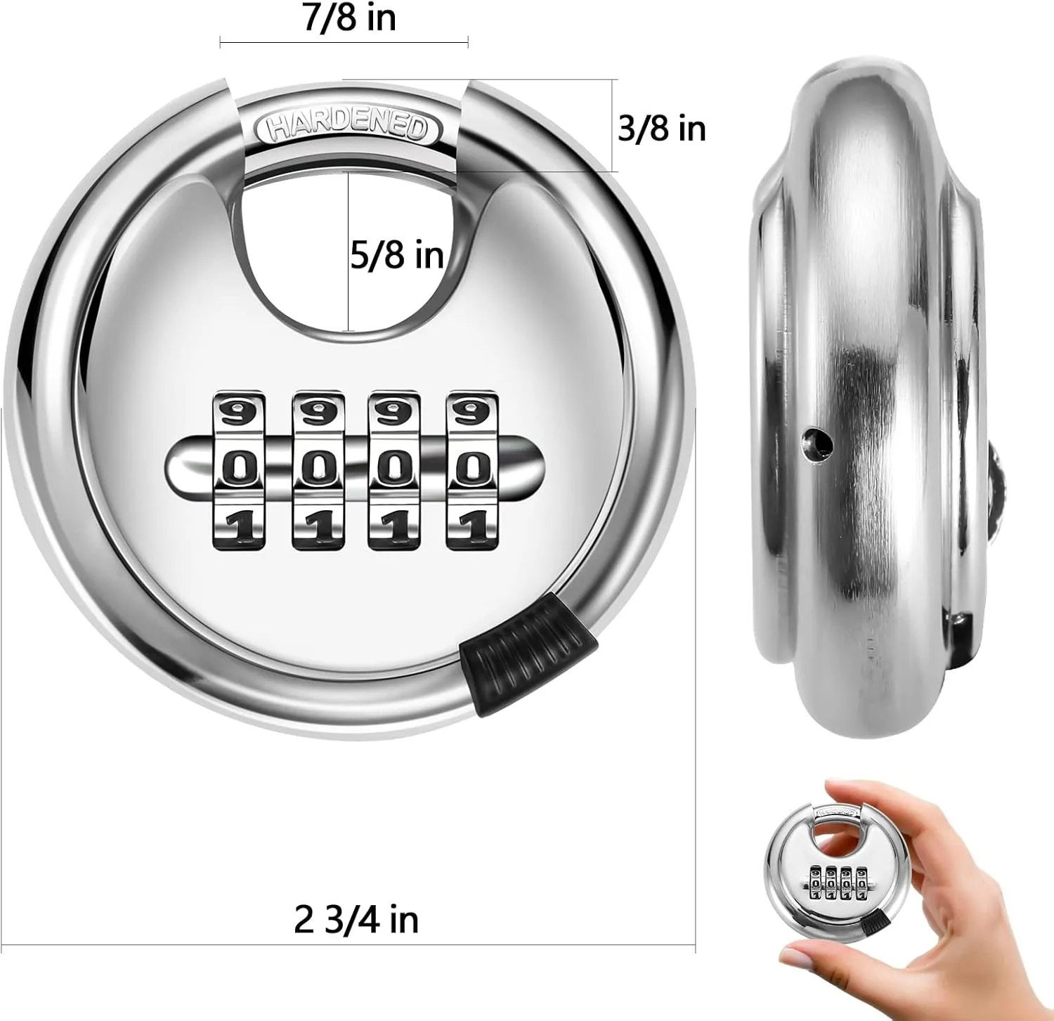 Rohuis Round Combination Lock, Uncuttable Combination Disc Padlock, 3/8 Inch Shackle Outdoor Combo Lock Discus Pad Lock for Storage Unit, Garages, Fences (2 Pack) Silver 2pcs
