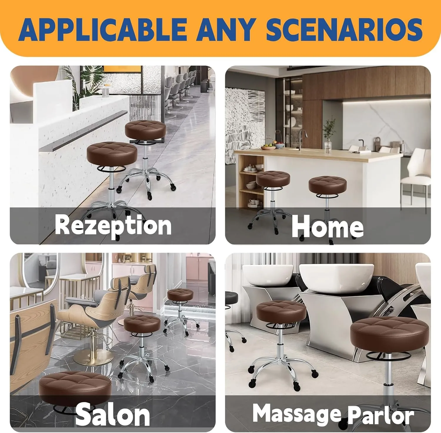 Rolling Stool Heavy Duty 400lb: Super Soft Seat Cushion,360° Swive,Height Adjustability,No Squeaky Noises,No Tip Over,New Upgraded Stool Salon Stool Chair, Tattoo Facial Massage Spa Medical (Brown)