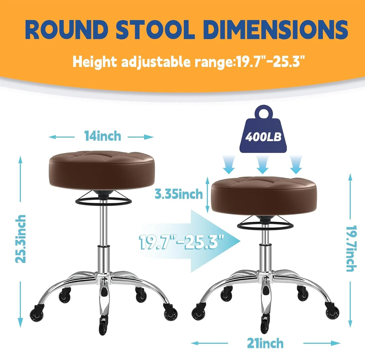 Rolling Stool Heavy Duty 400lb: Super Soft Seat Cushion,360° Swive,Height Adjustability,No Squeaky Noises,No Tip Over,New Upgraded Stool Salon Stool Chair, Tattoo Facial Massage Spa Medical (Brown)
