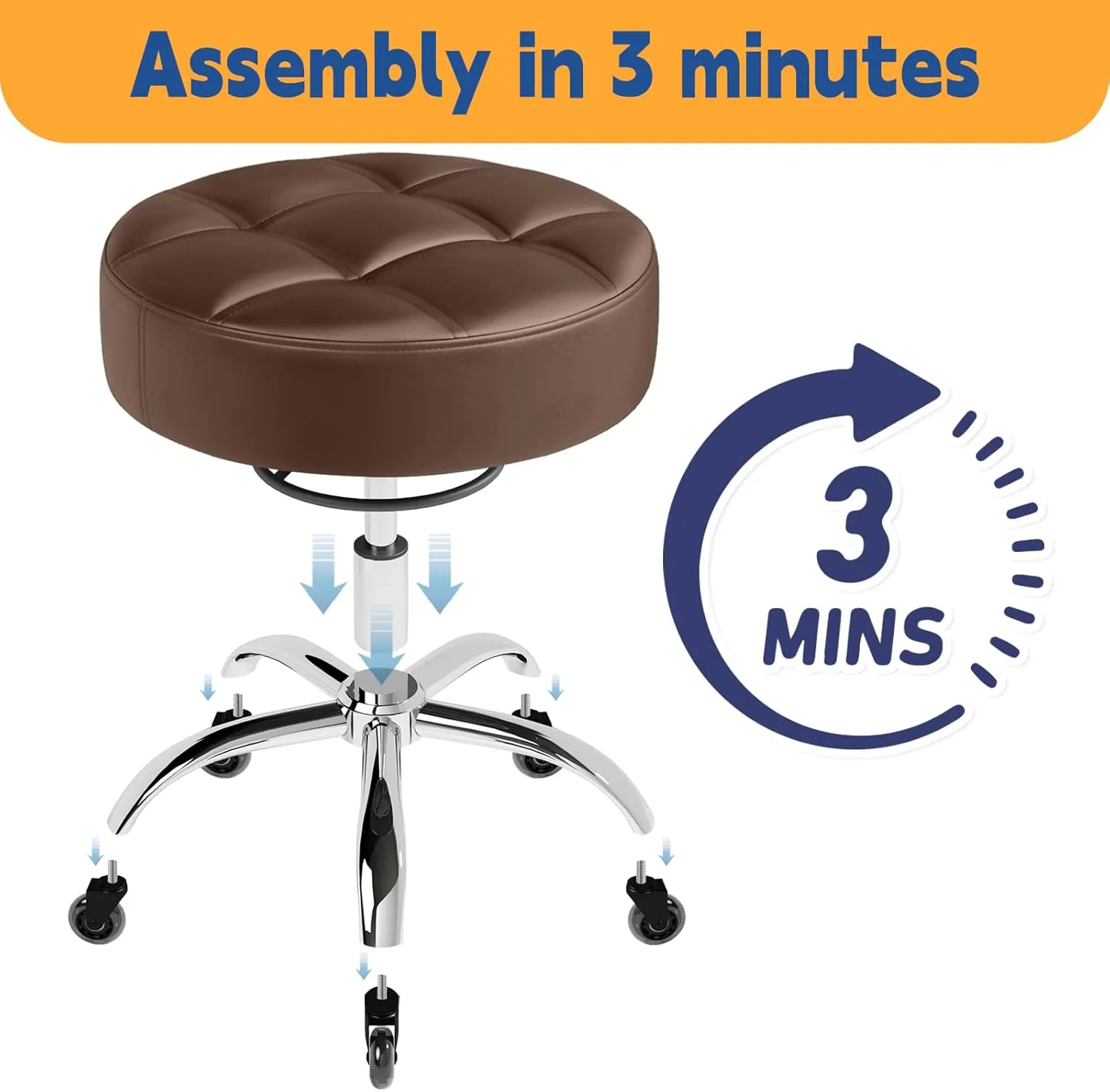 Rolling Stool Heavy Duty 400lb: Super Soft Seat Cushion,360° Swive,Height Adjustability,No Squeaky Noises,No Tip Over,New Upgraded Stool Salon Stool Chair, Tattoo Facial Massage Spa Medical (Brown)