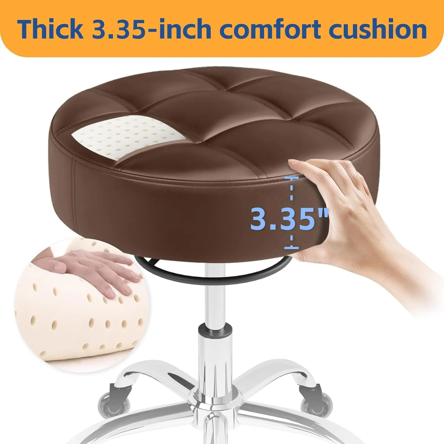 Rolling Stool Heavy Duty 400lb: Super Soft Seat Cushion,360° Swive,Height Adjustability,No Squeaky Noises,No Tip Over,New Upgraded Stool Salon Stool Chair, Tattoo Facial Massage Spa Medical (Brown)