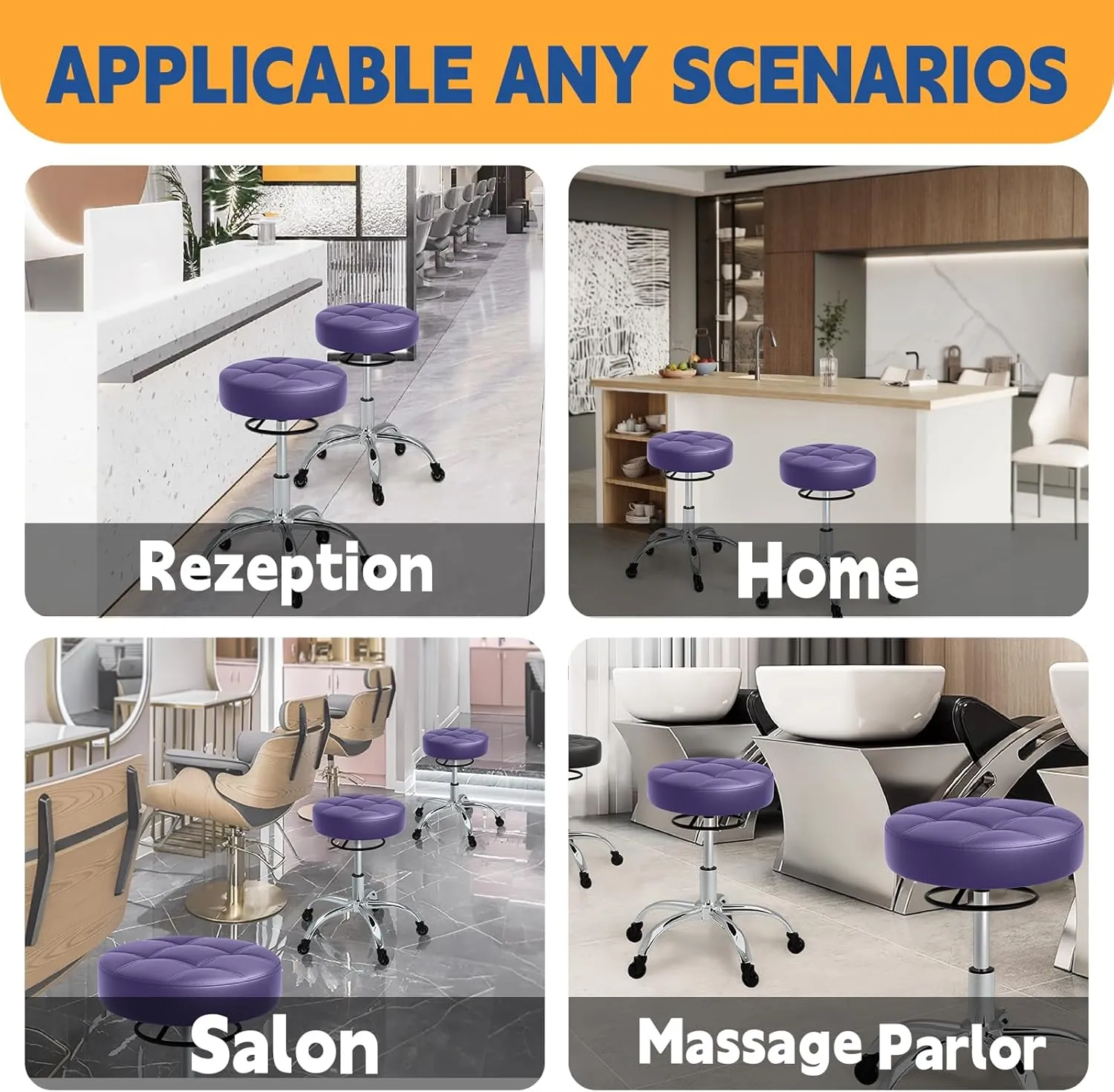 Rolling Stool Heavy Duty 400lb: Super Soft Seat Cushion,360° Swive,Height Adjustability,No Squeaky Noises,No Tip Over,New Upgraded Stool Salon Stool Chair, Tattoo Facial Massage Spa Medical (Purple)