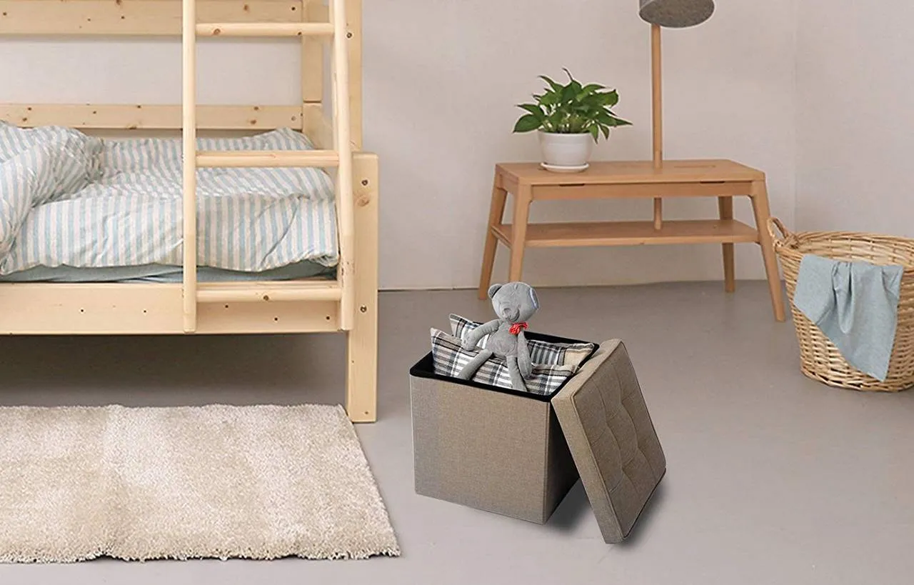 Rootz Foldable Storage Stools - Ottoman Stools - Space-Saving Furniture - Linen Material - 37.5cm x 37.5cm x 38cm