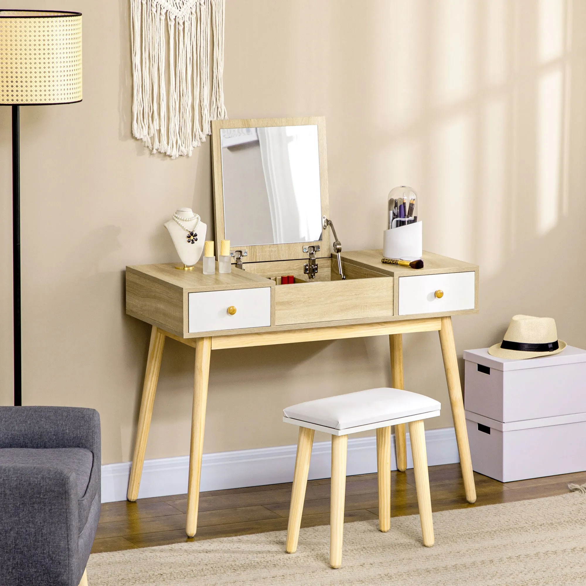 Rootz Hairdresser Set with Stool - Foldable Mirror - Scandinavian Design - Versatile Use - 100cm x 45cm x 118cm