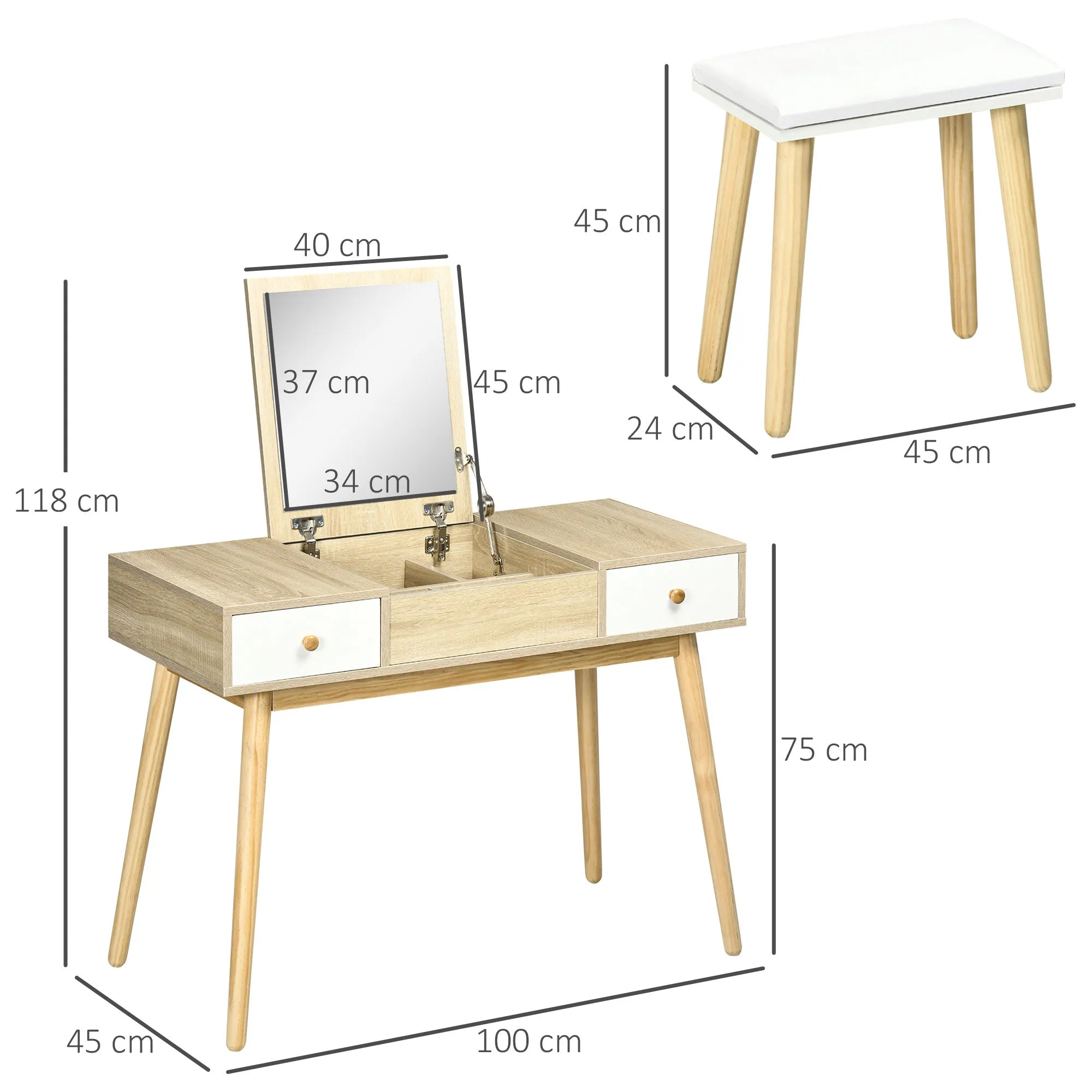 Rootz Hairdresser Set with Stool - Foldable Mirror - Scandinavian Design - Versatile Use - 100cm x 45cm x 118cm