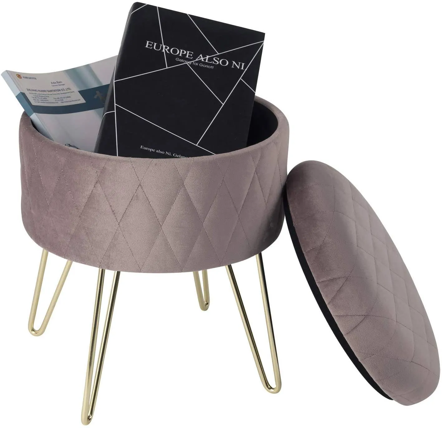 Rootz Velvet Makeup Stool - Storage Box - Padded Seat - Gold Metal Legs - 31.5cm x 31.5cm x 36cm