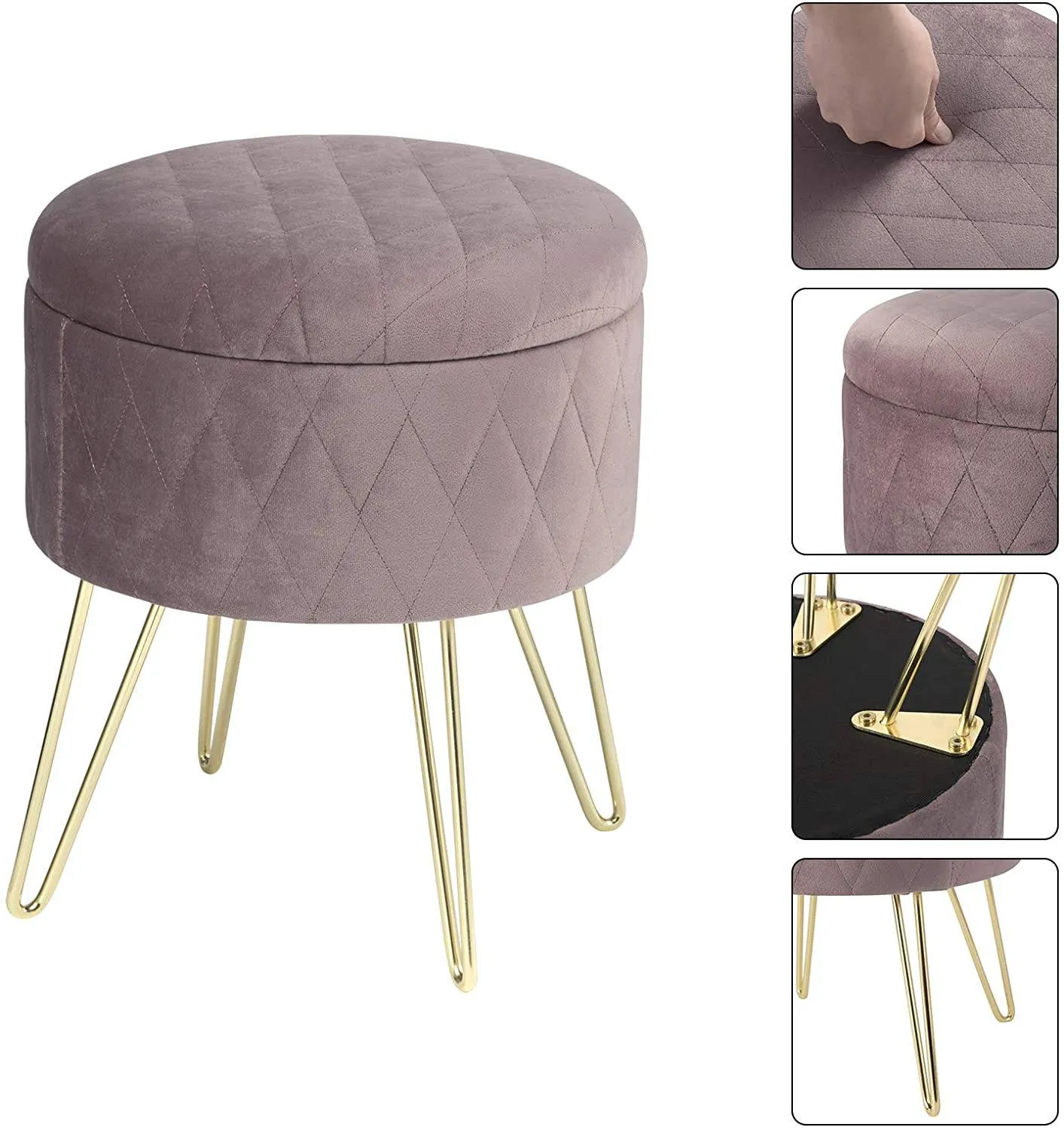 Rootz Velvet Makeup Stool - Storage Box - Padded Seat - Gold Metal Legs - 31.5cm x 31.5cm x 36cm
