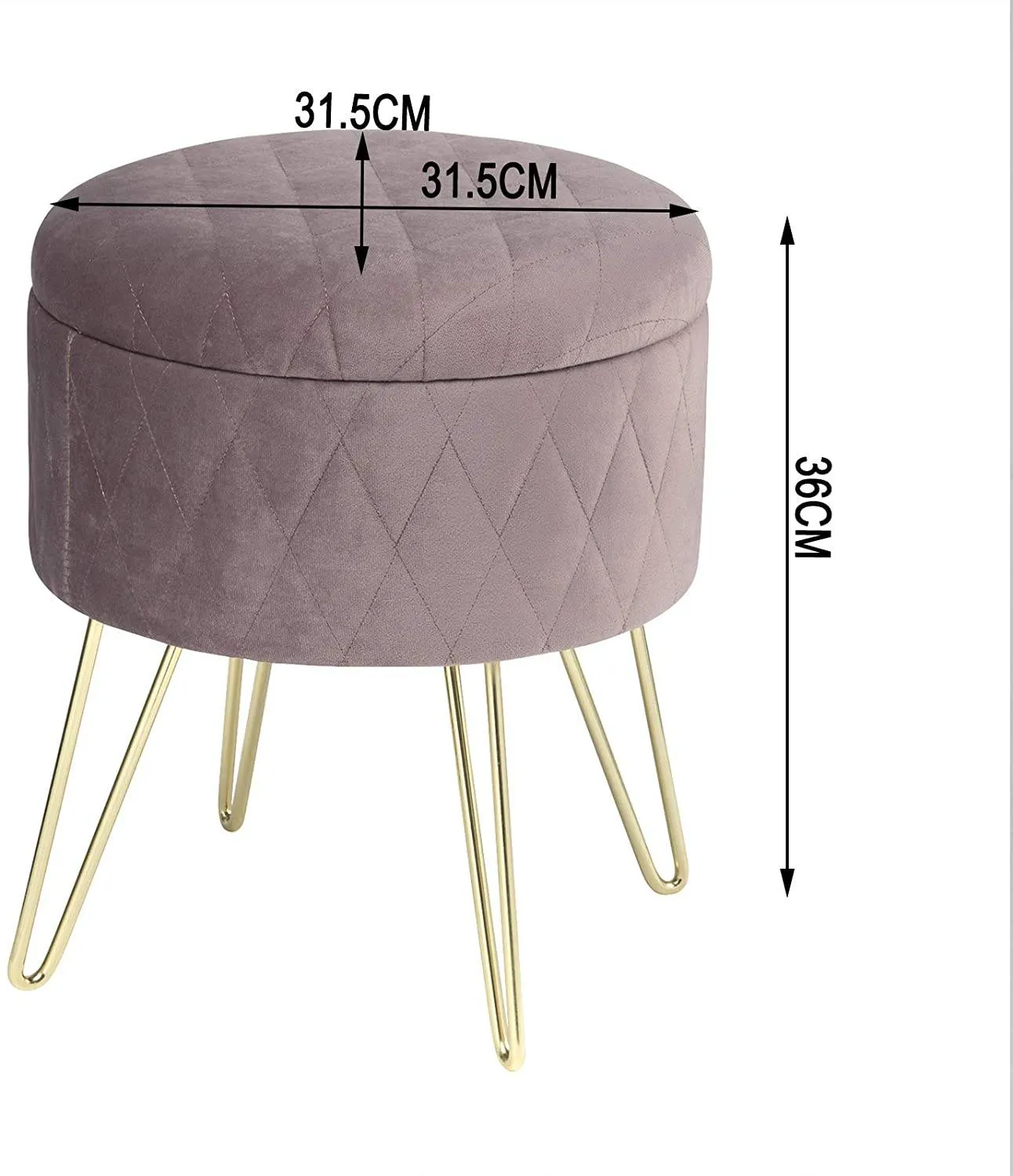 Rootz Velvet Makeup Stool - Storage Box - Padded Seat - Gold Metal Legs - 31.5cm x 31.5cm x 36cm