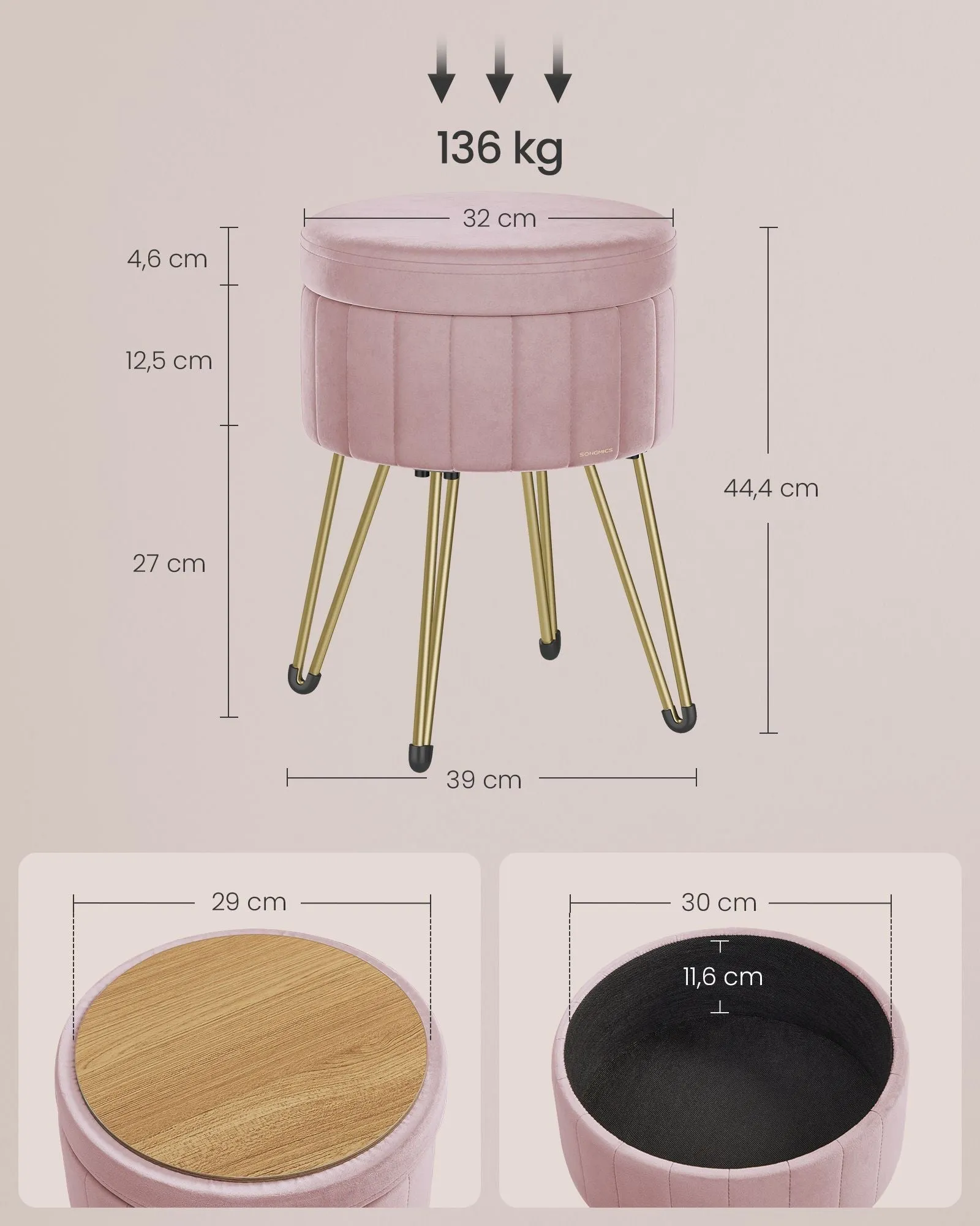 Rootz Velvet Vanity Stool - Makeup Chair - Round Seat - Comfortable Padding - 39cm x 44.4cm - Pastel Pink