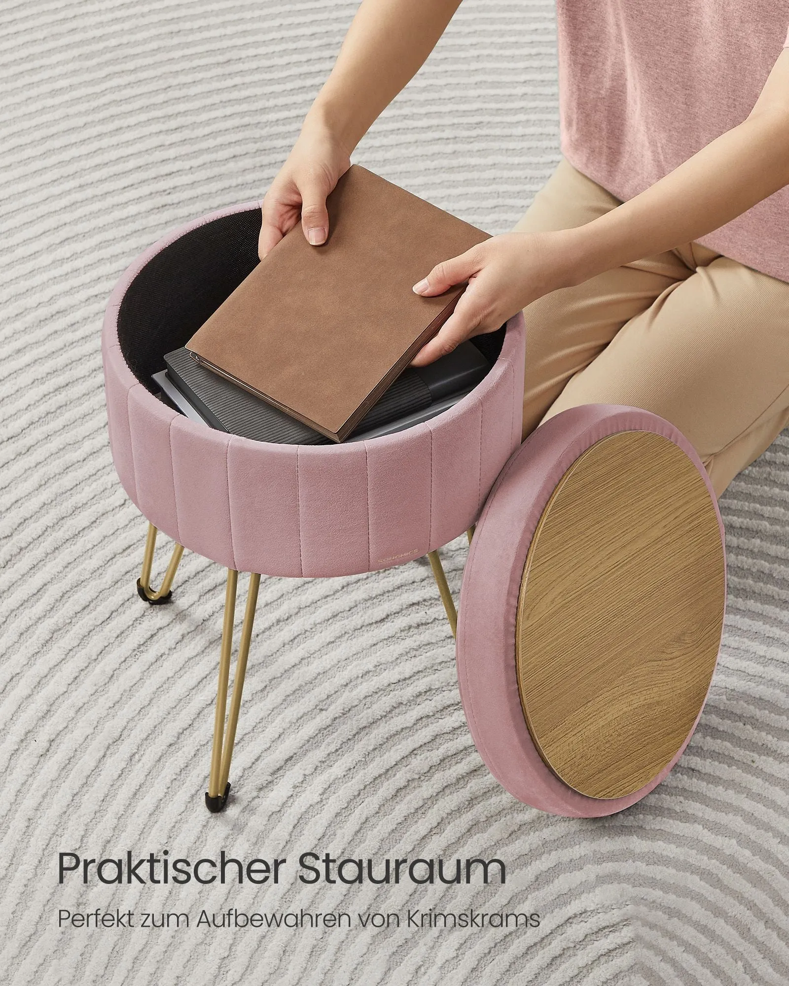 Rootz Velvet Vanity Stool - Makeup Chair - Round Seat - Comfortable Padding - 39cm x 44.4cm - Pastel Pink