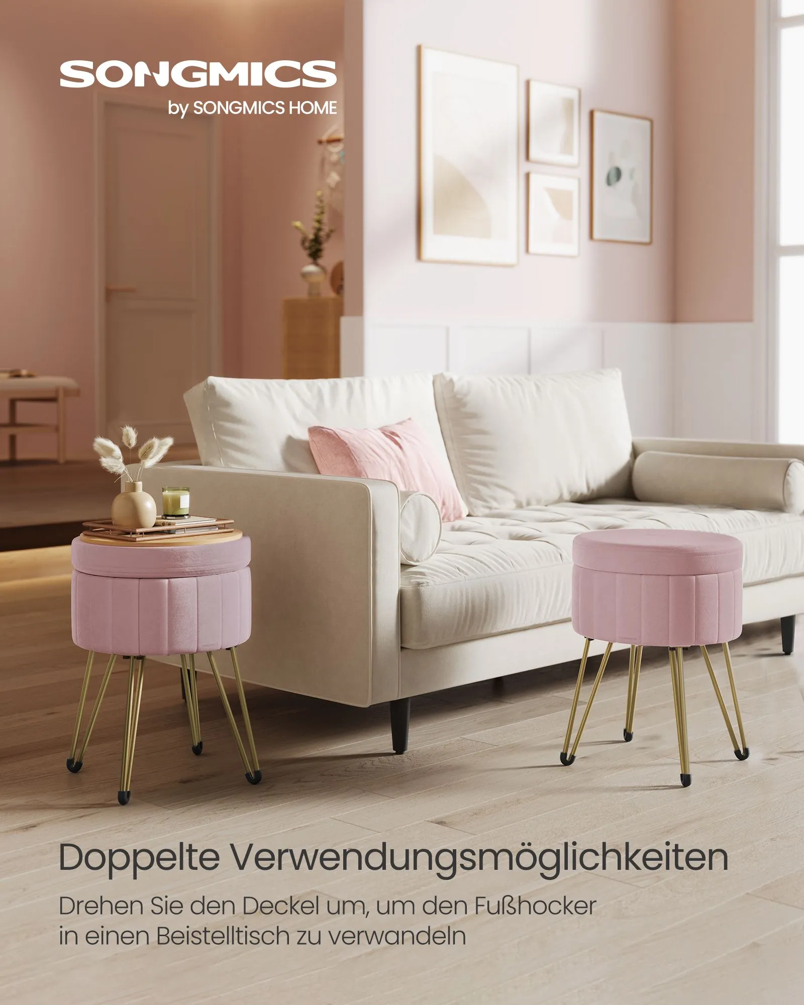 Rootz Velvet Vanity Stool - Makeup Chair - Round Seat - Comfortable Padding - 39cm x 44.4cm - Pastel Pink
