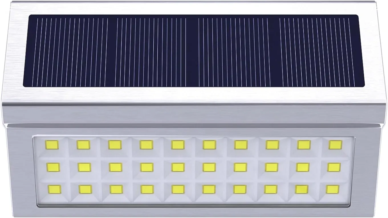 ROSHWEY Solar Lights Outdoor, 10 Pack 30 LED Fence Lights Waterproof Solar Powered Deck Post Lamps Stainless Steel Outside Step Lighting for Backyard Yard Walkway Stairs, Cool White Light
