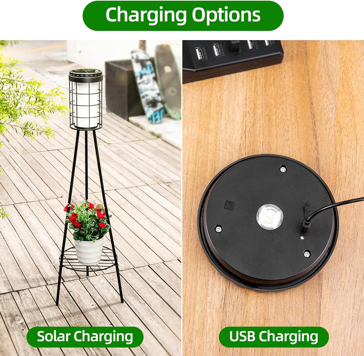 ROSHWEY Solar Lights Outdoor with Plant Stand, 1 Pack Waterproof Solar Floor Lamps for Patio Porch Decor, Solar Powered Metal Flower Shelf Lights with USB Charging, Garden Yard Deck Balcony Decoration
