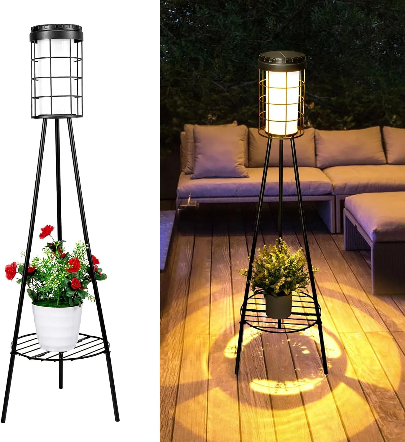 ROSHWEY Solar Lights Outdoor with Plant Stand, 1 Pack Waterproof Solar Floor Lamps for Patio Porch Decor, Solar Powered Metal Flower Shelf Lights with USB Charging, Garden Yard Deck Balcony Decoration