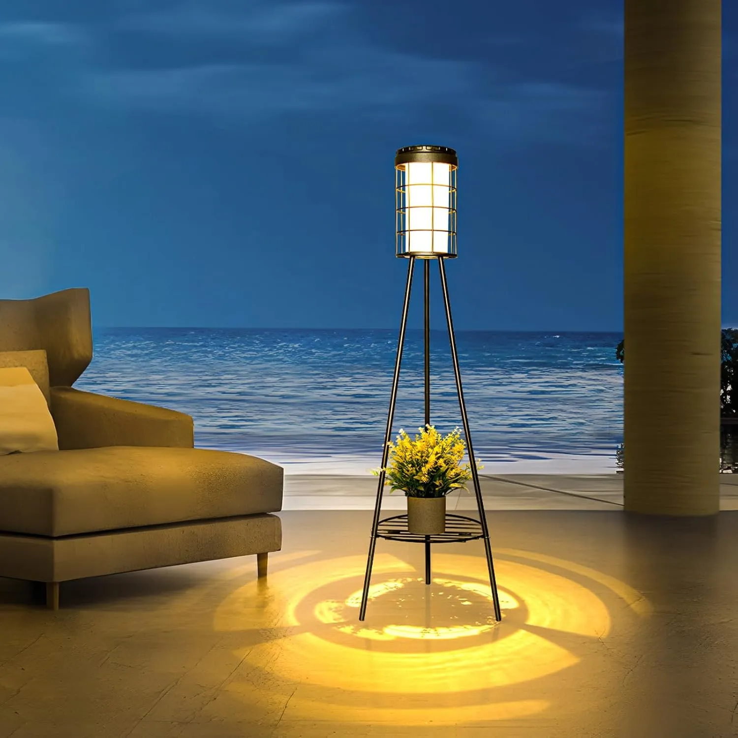 ROSHWEY Solar Lights Outdoor with Plant Stand, 1 Pack Waterproof Solar Floor Lamps for Patio Porch Decor, Solar Powered Metal Flower Shelf Lights with USB Charging, Garden Yard Deck Balcony Decoration