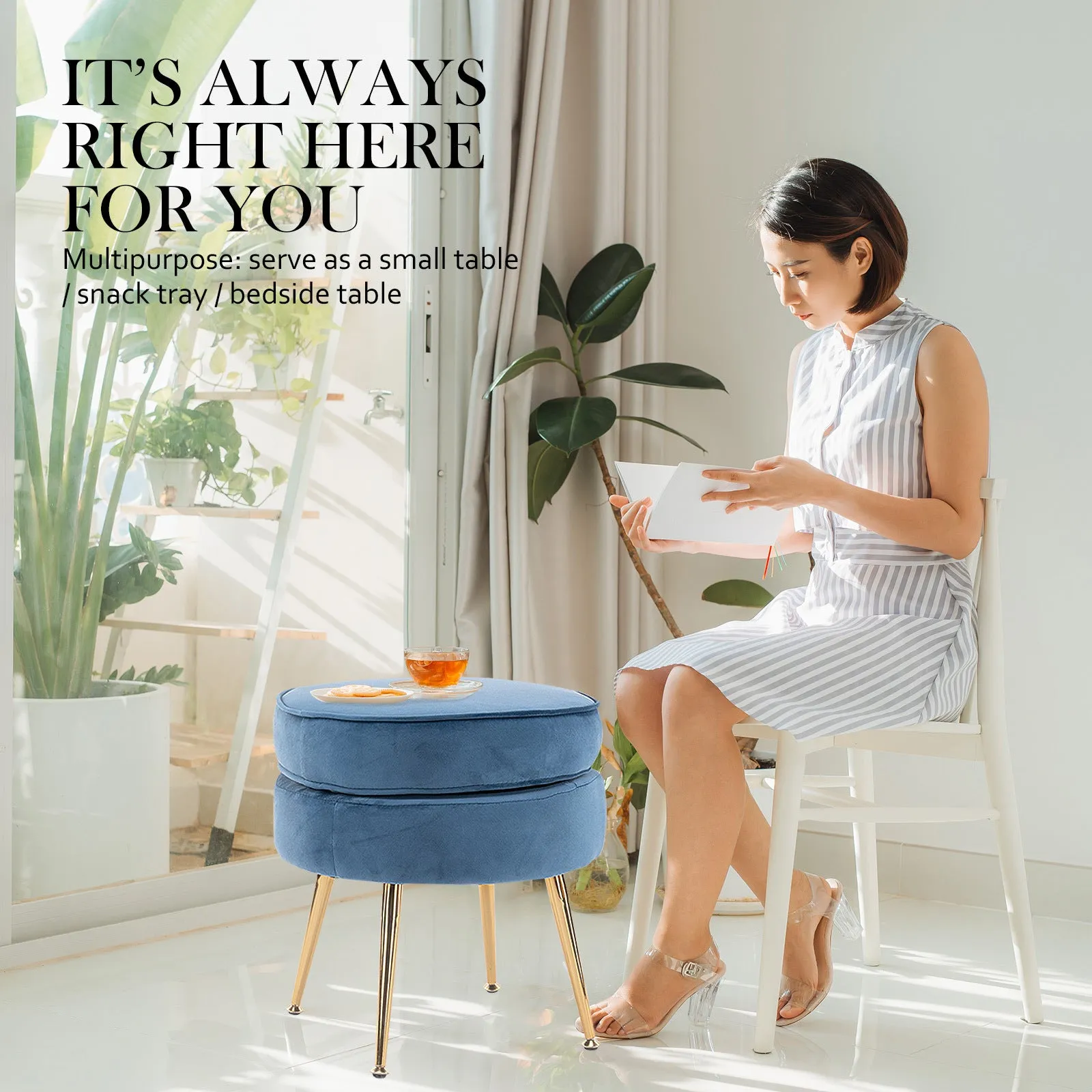 Round Velvet Foot Stool Ottoman - Blue