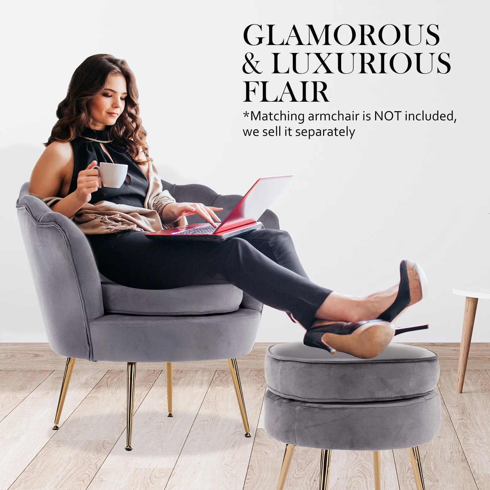 Round Velvet Foot Stool Ottoman - Grey