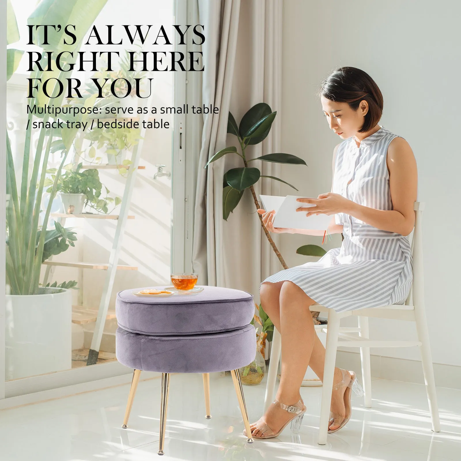 Round Velvet Foot Stool Ottoman - Grey