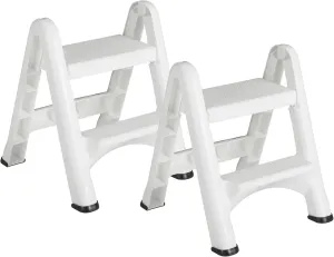 Rubbermaid FG420903WHT EZ Two Step Durable Folding Plastic Ladder Step Stool with Skid Resistant Foot Pads, White (2 Pack)