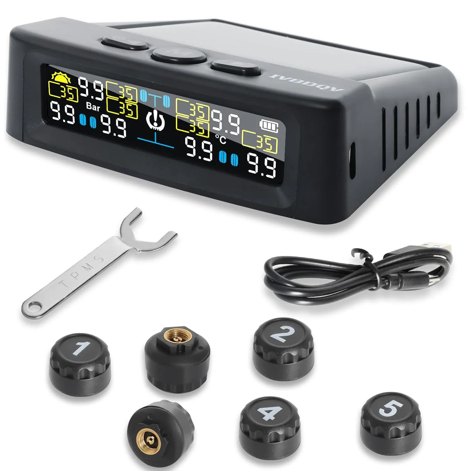 RV Tire Pressure Monitoring System, Tire Pressure Sensor with Solar Charge or USB, Tpms Sensor with 6 Sensors Trailer Tire Pressure Monitoring System Real-Time Display Tire Pressure Monitor