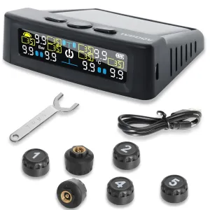 RV Tire Pressure Monitoring System, Tire Pressure Sensor with Solar Charge or USB, Tpms Sensor with 6 Sensors Trailer Tire Pressure Monitoring System Real-Time Display Tire Pressure Monitor