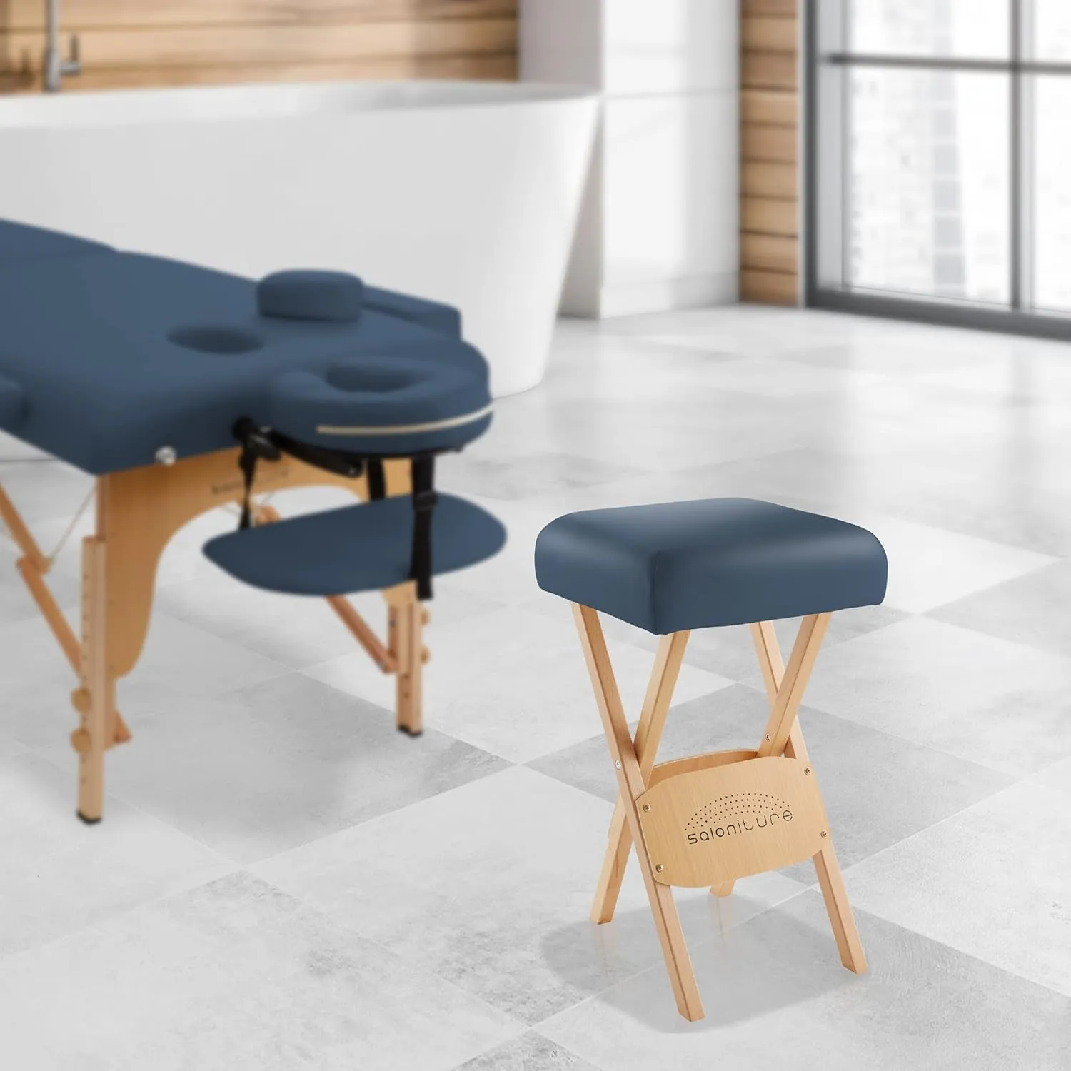 Saloniture Wood Folding Massage Stool with Carrying Case, Blue