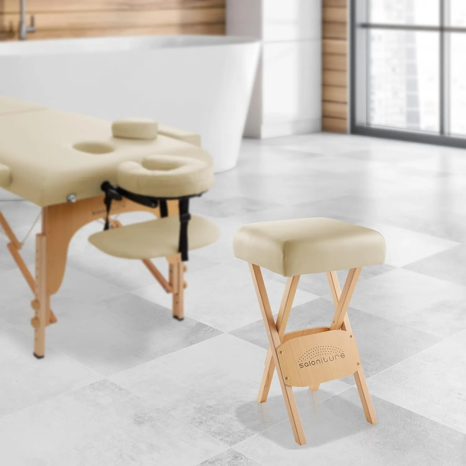 Saloniture Wood Folding Massage Stool with Carrying Case, Cream