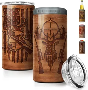 SANDJEST Hunting Tumbler Wood Style American Flag 4 in 1 16oz Tumbler Can Cooler Coozie Skinny Stainless Steel Tumbler Gift for Men Dad Best Friends Hunting Lovers Christmas Birthday Fathers Day