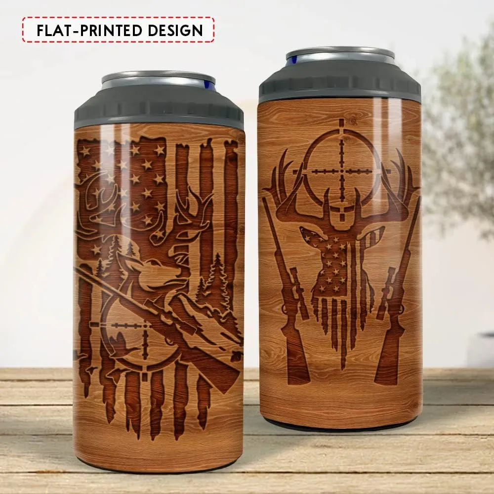SANDJEST Hunting Tumbler Wood Style American Flag 4 in 1 16oz Tumbler Can Cooler Coozie Skinny Stainless Steel Tumbler Gift for Men Dad Best Friends Hunting Lovers Christmas Birthday Fathers Day