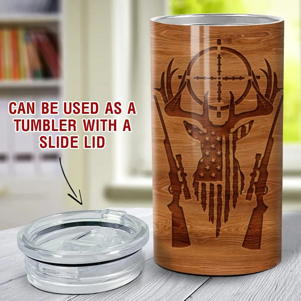 SANDJEST Hunting Tumbler Wood Style American Flag 4 in 1 16oz Tumbler Can Cooler Coozie Skinny Stainless Steel Tumbler Gift for Men Dad Best Friends Hunting Lovers Christmas Birthday Fathers Day