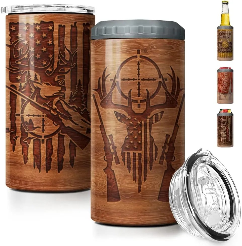 SANDJEST Hunting Tumbler Wood Style American Flag 4 in 1 16oz Tumbler Can Cooler Coozie Skinny Stainless Steel Tumbler Gift for Men Dad Best Friends Hunting Lovers Christmas Birthday Fathers Day