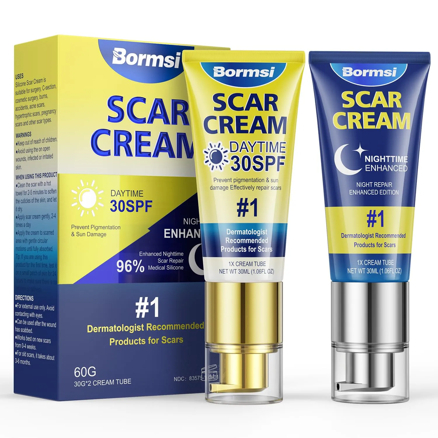 Scar Cream,SPF 30 Suncreen & PM Silicone Intensive Overnight Scar Gel Reduces the Appearance of Scars from Surgical Scars,Stretch Marks,Keloid, 2 Tube,1.76 oz/Tube