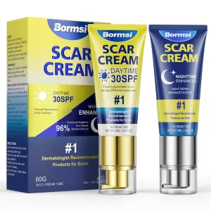 Scar Cream,SPF 30 Suncreen & PM Silicone Intensive Overnight Scar Gel Reduces the Appearance of Scars from Surgical Scars,Stretch Marks,Keloid, 2 Tube,1.76 oz/Tube