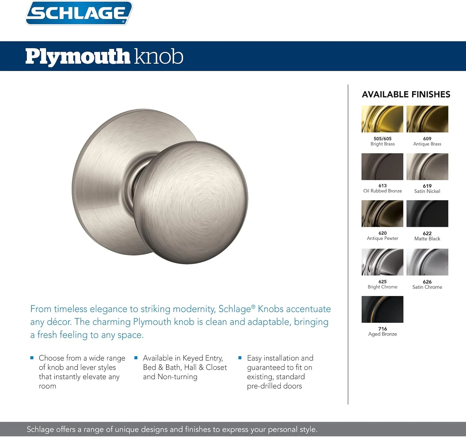 Schlage F40 V PLY 605 Plymouth Door Knob, Bed & Bath Privacy Lock, Bright Brass
