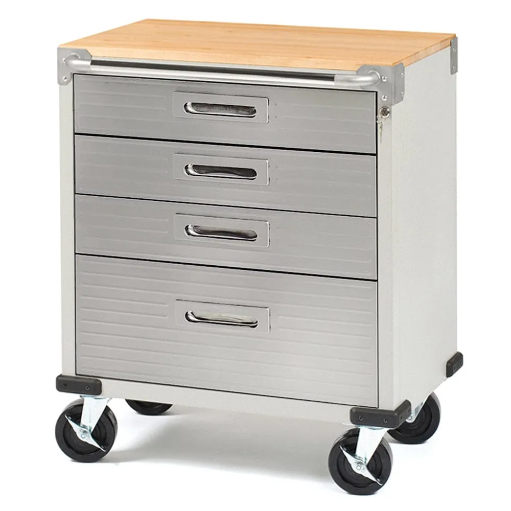 SEVILLE CLASSICS 12 Piece Garage Storage System   Mounting Kit - Timber Top Workbench, Cabinet & Draw Rolling Cabinets