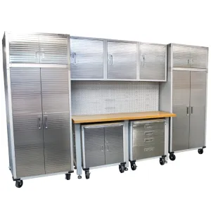 SEVILLE CLASSICS 12 Piece Garage Storage System   Mounting Kit - Timber Top Workbench, Cabinet & Draw Rolling Cabinets
