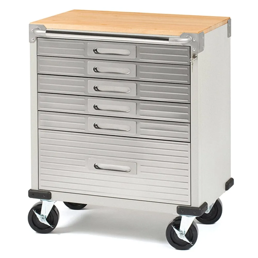 SEVILLE CLASSICS  8 Piece Garage Storage System Wall Mounted - Timber Top Workbench, Cabinet & 6 Drawer Rolling Cabinets