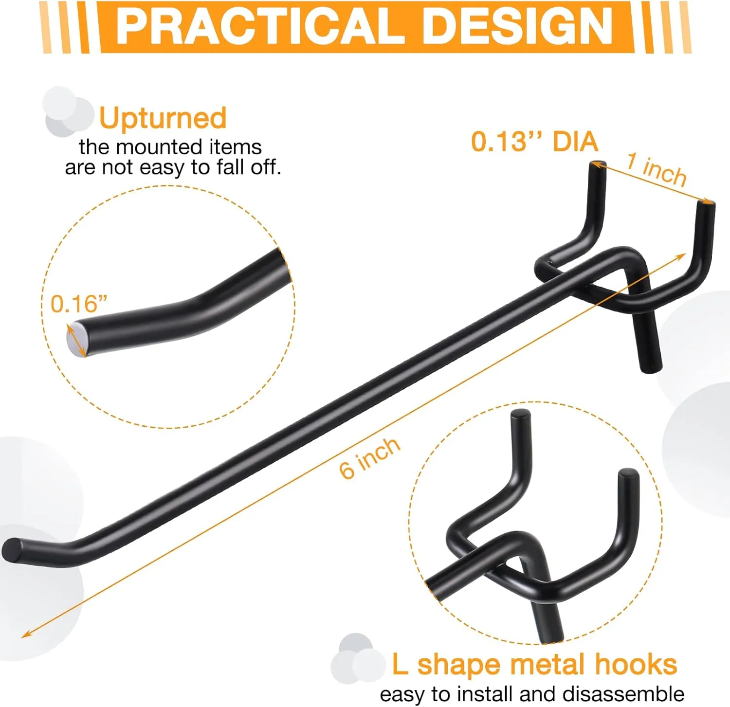 Shimeyao 50 Pcs Metal Black Pegboard Hooks Bulk 1/4" 1/8" Heavy Duty Peg Board Wall Shelving Display Hooks for Garage Kitchen Retail Store Hanging Organizer Tools (6 Inch)