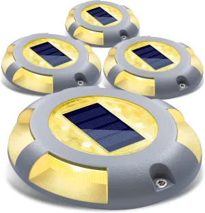 SIEDiNLAR Solar Deck Lights Driveway Dock LED Light Solar Powered Outdoor Waterproof Road Markers for Pathway Step Stair Garden Ground Sidewalk Yard 4 Pack (Warm White)