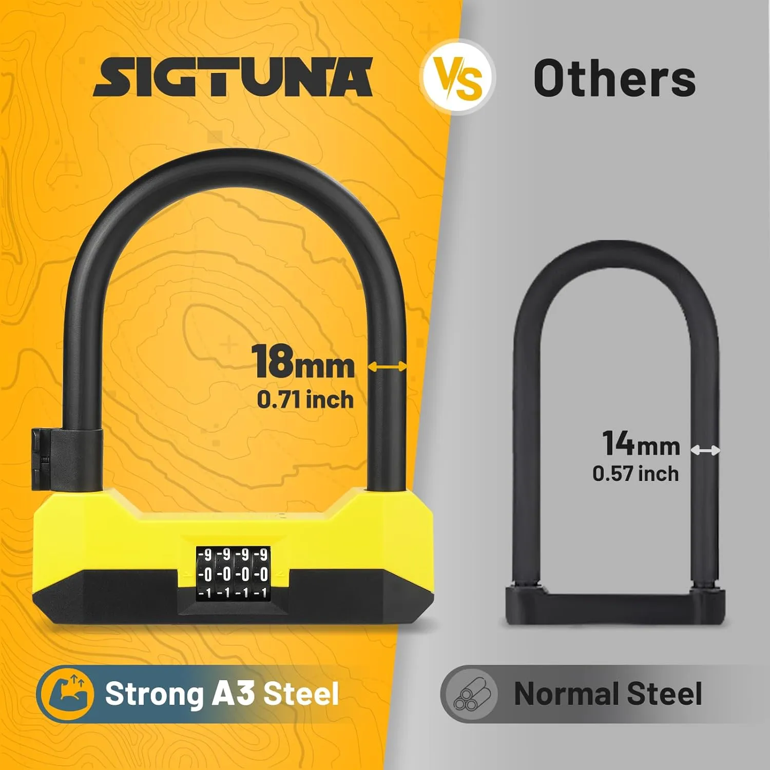 Sigtuna Bike U Lock Combination, Combination Heavy Duty Anti Theft, Bike Lock with 18mm Shackle, Bicycle Lock with Sturdy Mounting Bracket for Bicycle, E-Bike, Scooter, Outdoor Equipment