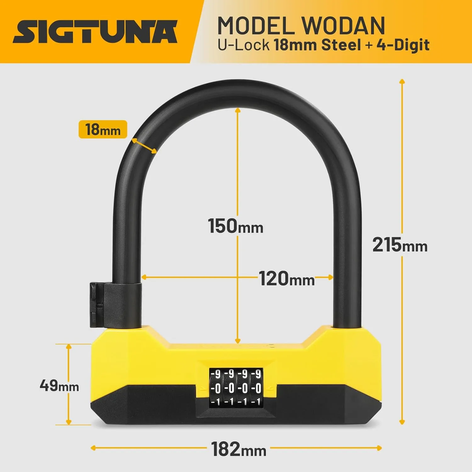 Sigtuna Bike U Lock Combination, Combination Heavy Duty Anti Theft, Bike Lock with 18mm Shackle, Bicycle Lock with Sturdy Mounting Bracket for Bicycle, E-Bike, Scooter, Outdoor Equipment