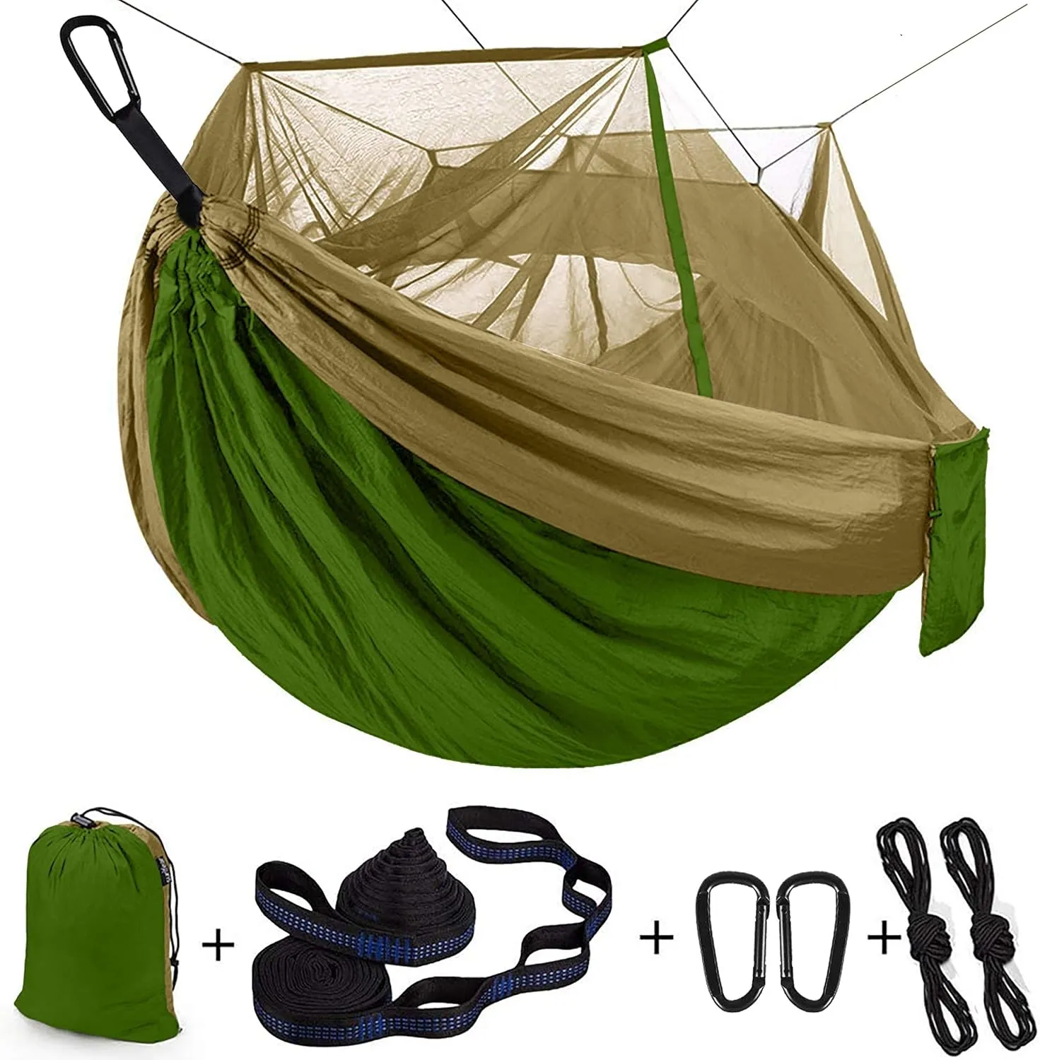 Single & Double Camping Hammock with Net Mosquito/Bug | Included Tree Straps and Carabiners, Parachute Nylon | Easy Assembly, Lightweight, Portable | Indoor Outdoor Backpacking - Twin size, Green Army