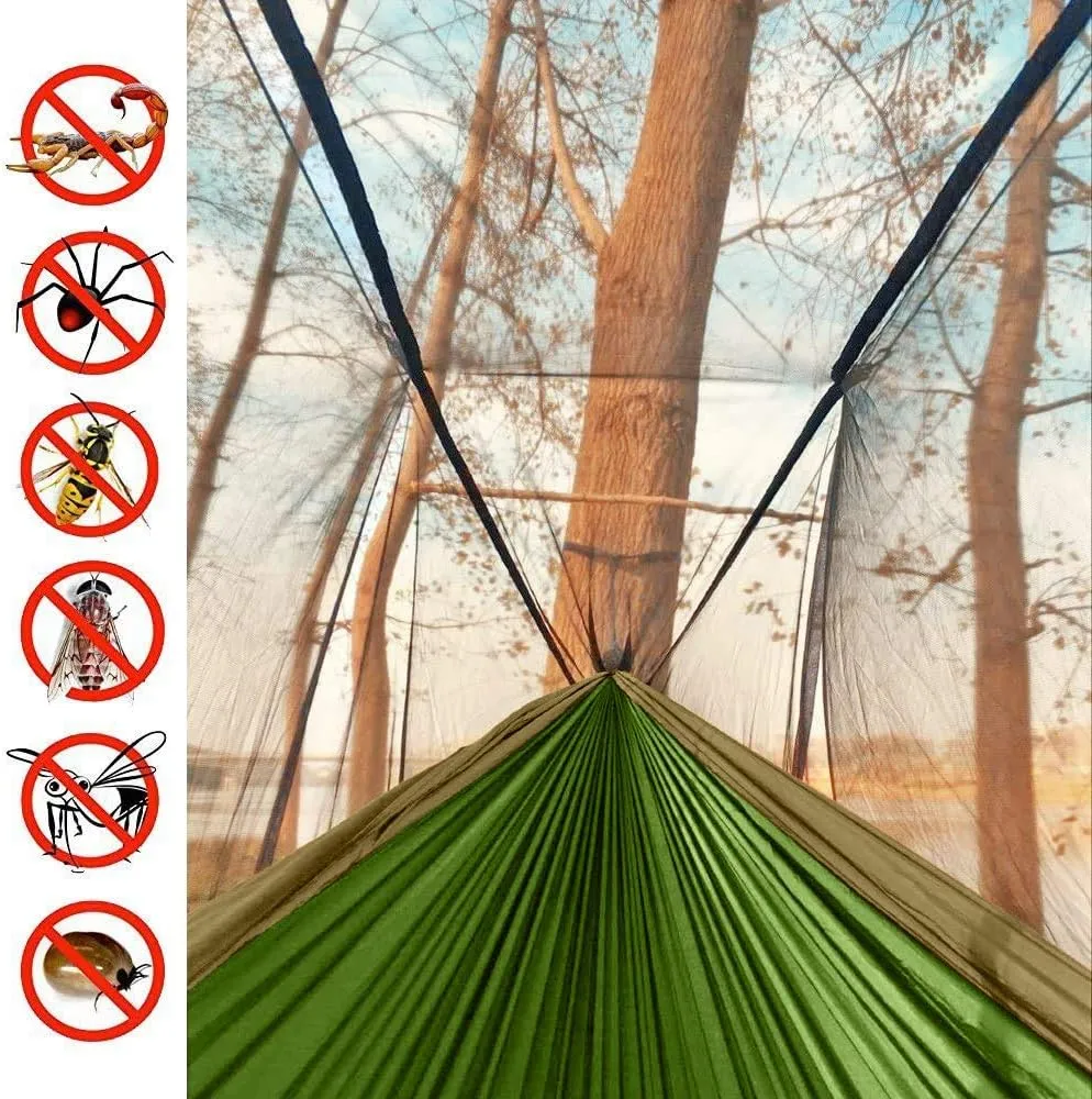 Single & Double Camping Hammock with Net Mosquito/Bug | Included Tree Straps and Carabiners, Parachute Nylon | Easy Assembly, Lightweight, Portable | Indoor Outdoor Backpacking - Twin size, Green Army