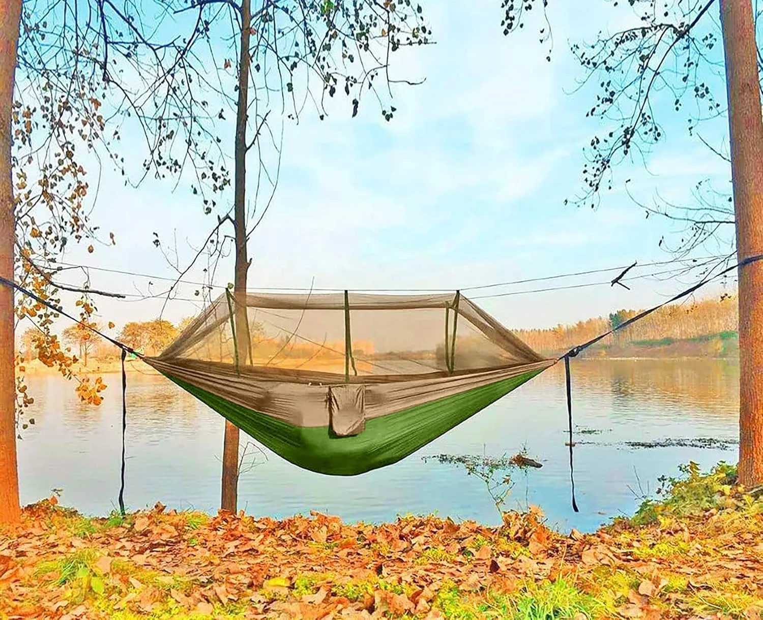 Single & Double Camping Hammock with Net Mosquito/Bug | Included Tree Straps and Carabiners, Parachute Nylon | Easy Assembly, Lightweight, Portable | Indoor Outdoor Backpacking - Twin size, Green Army